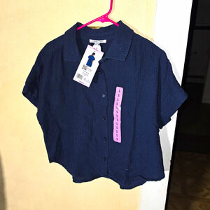 edited x Hunter McGrady Women's Gauze Camp Shirt Blue Relaxed Dolman SS S